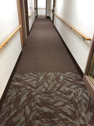 Office hallway with commercial carpet tile. 